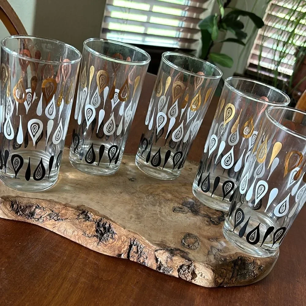 Set of 5 MCM Gold White & Black Teardrop High Ball Cocktail Glasses